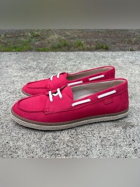 Vionic Bay Leather Boat Shoes Pink Red Espadrille Loafers 9.5